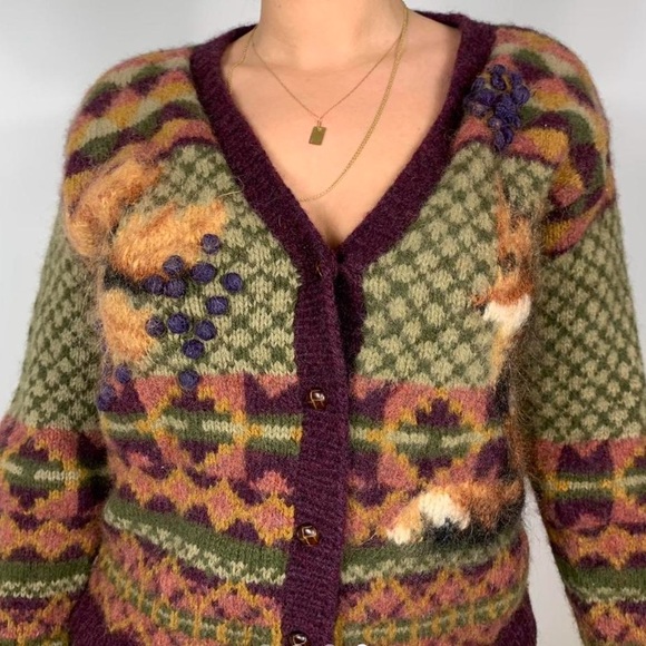 VINTAGE GRANDMA EARTHY TONES PATTERN BUTTONED DOWN KNIT SWEATER CARDIGAN - Picture 4 of 4